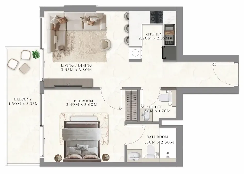 Aum 99 Residences 1 bed floor plan, 634 sqft