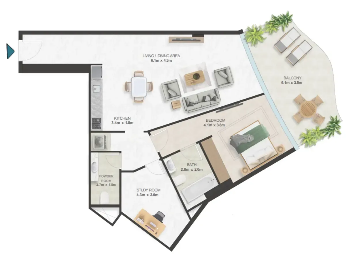 Oystra 1 bed floor plan, 1,197 sqft
