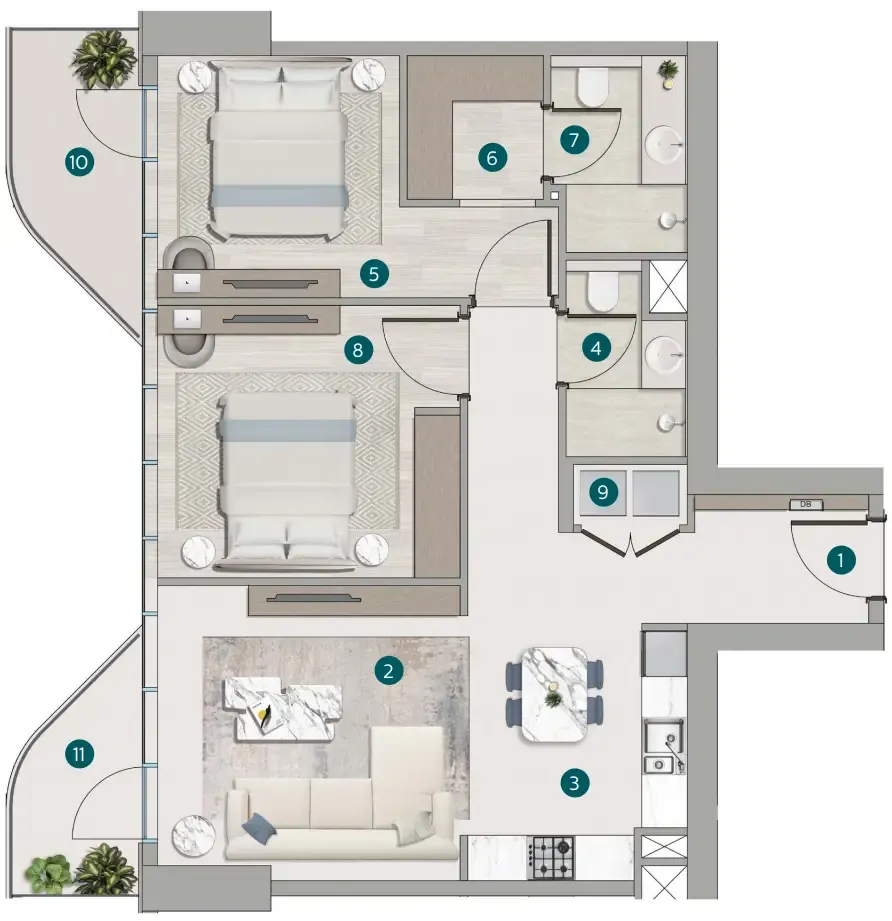 Flora Shore Beachside Residences 2 bed floor plan, 1,021 – 1,094 sqft