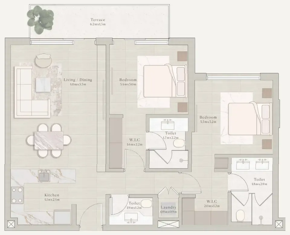 Emerge Residences 2 bed floor plan, 1,040 – 1,041 sqft