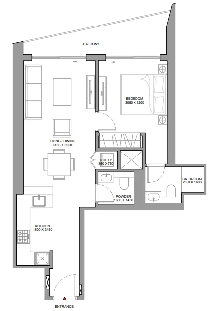 The Horizon at Sobha Central 1 bed floor plan, 744 sqft