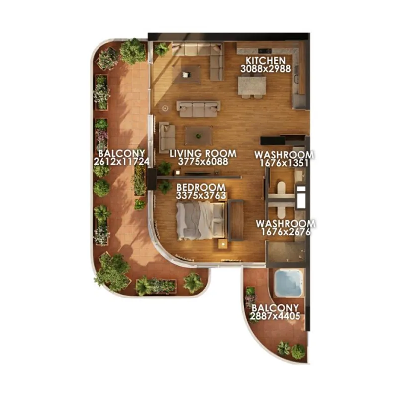 Zenith D1 1 bed floor plan, 1,275 sqft