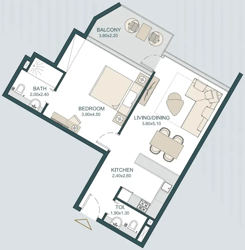 Tria 1 bed floor plan, 775 sqft