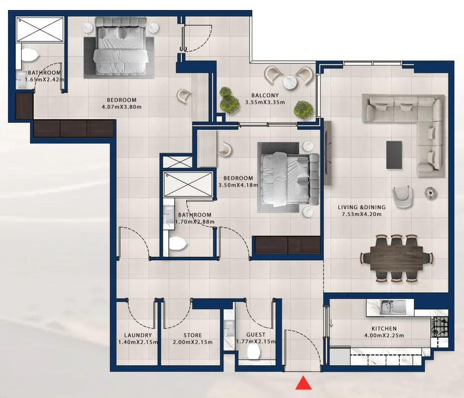 Asayel Avenue 2 bed floor plan, 1,468 sqft