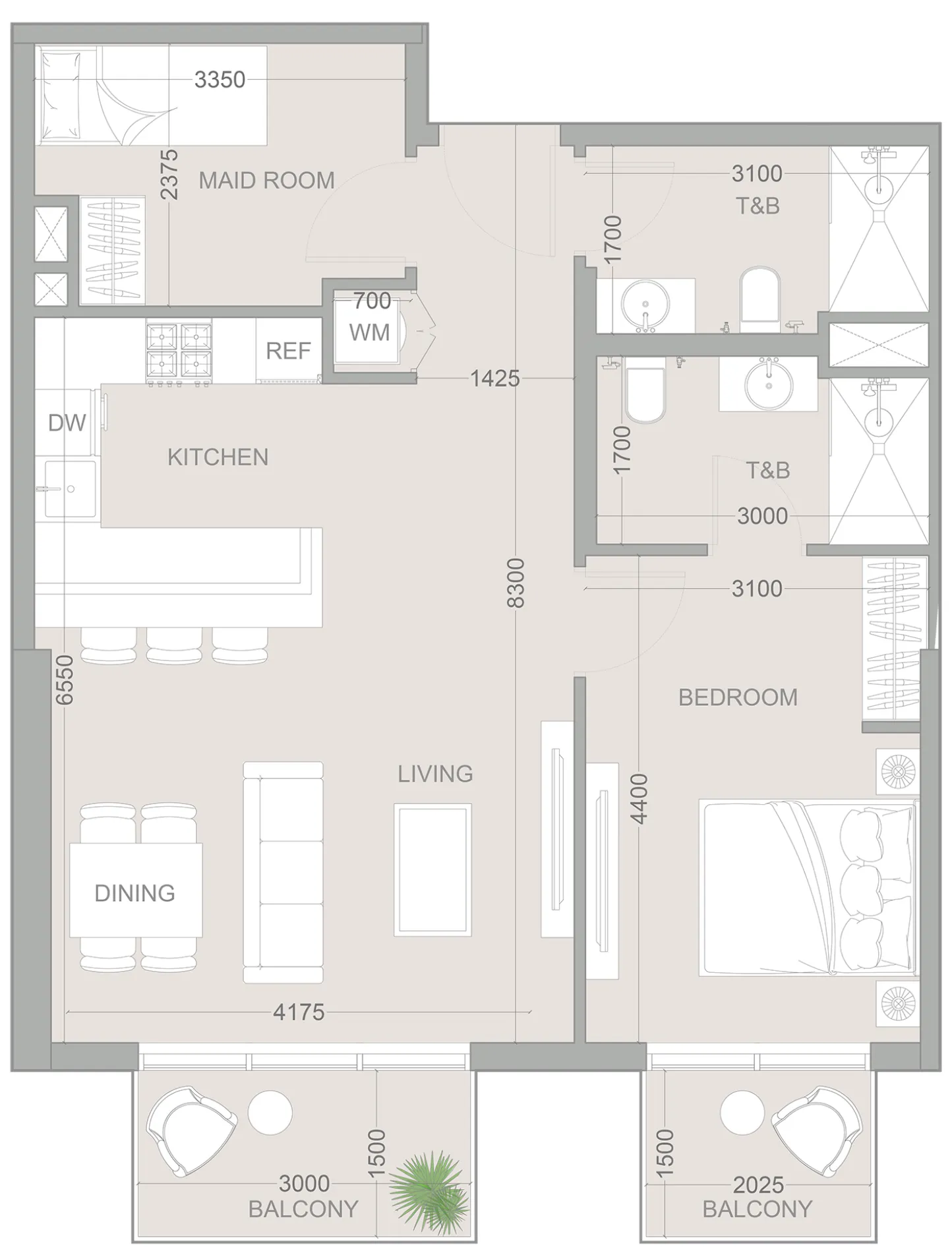 1WOOD Residence 2 1 bed floor plan, 860 sqft