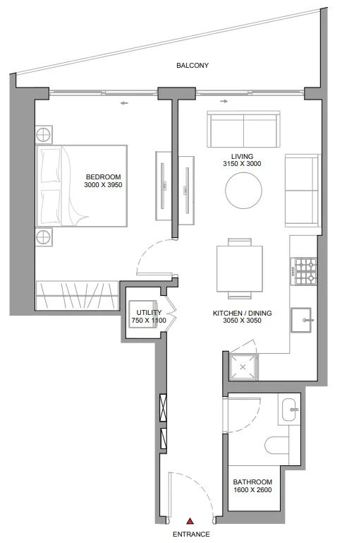 The Eden at Sobha Central 1 bed floor plan, 632 sqft