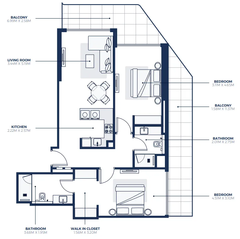 Creek Views 3 2 bed floor plan, 1,326 sqft
