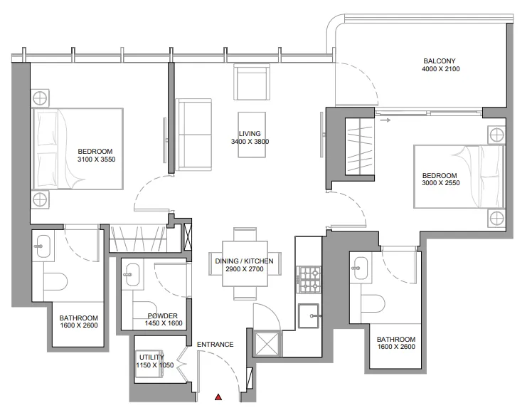 Sobha Aquamont 2 bed floor plan, 785 sqft