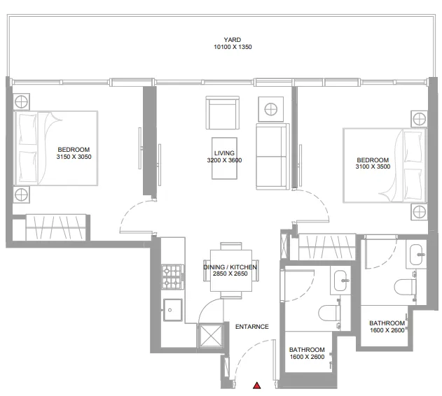 Yachtside Marina Residences 2 bed floor plan, 826 sqft