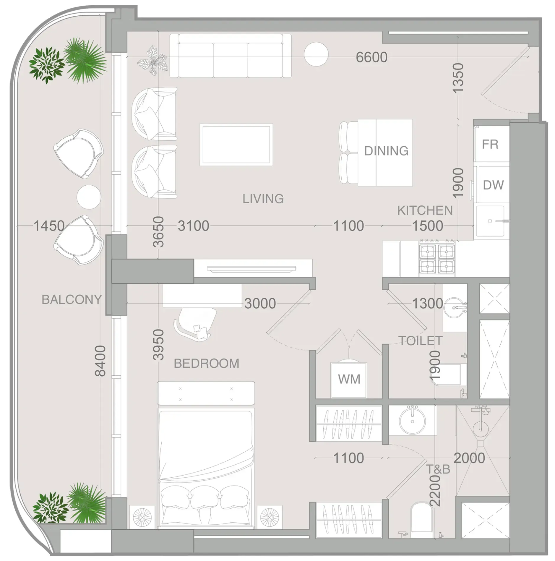 ALTA V1EW 1 bed floor plan, 735 sqft