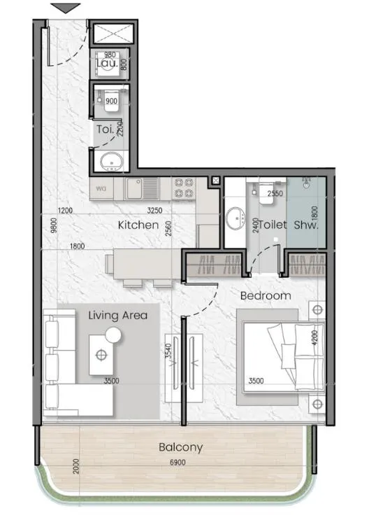 I'Sola Bella 1 bed floor plan, 729 sqft
