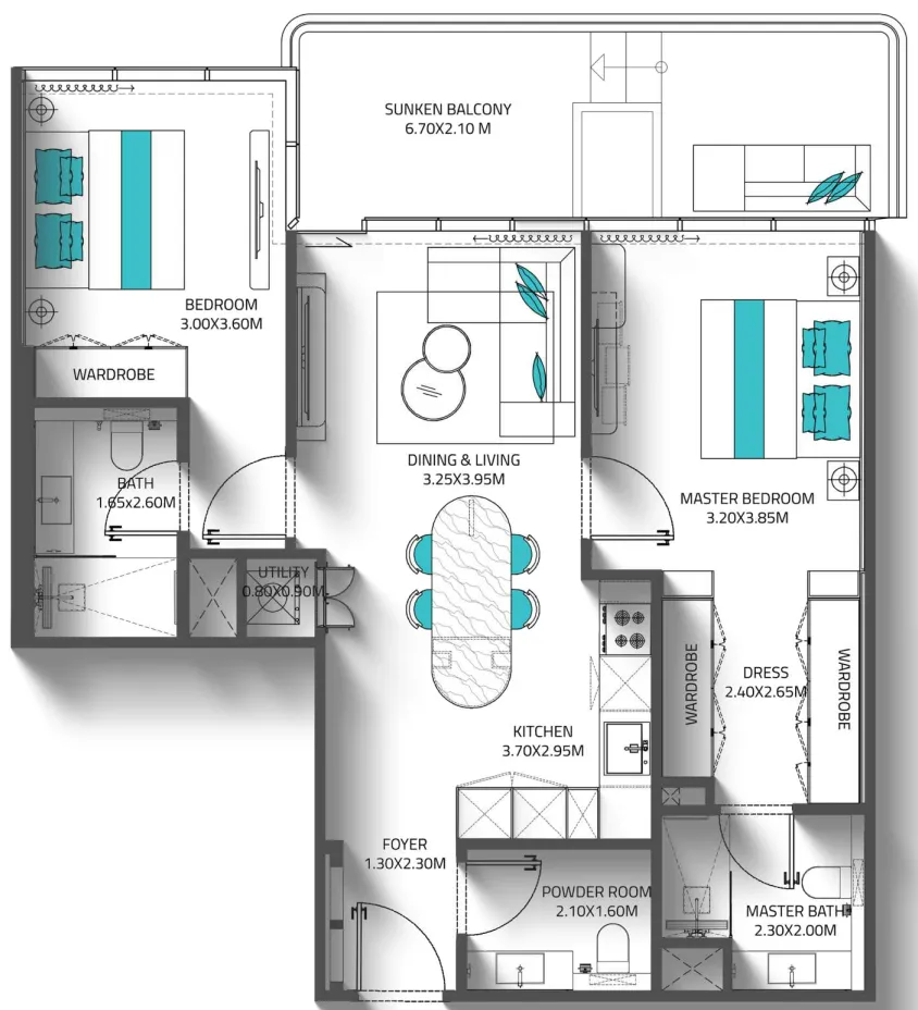Reef 998 2 bed floor plan, 1,005 sqft