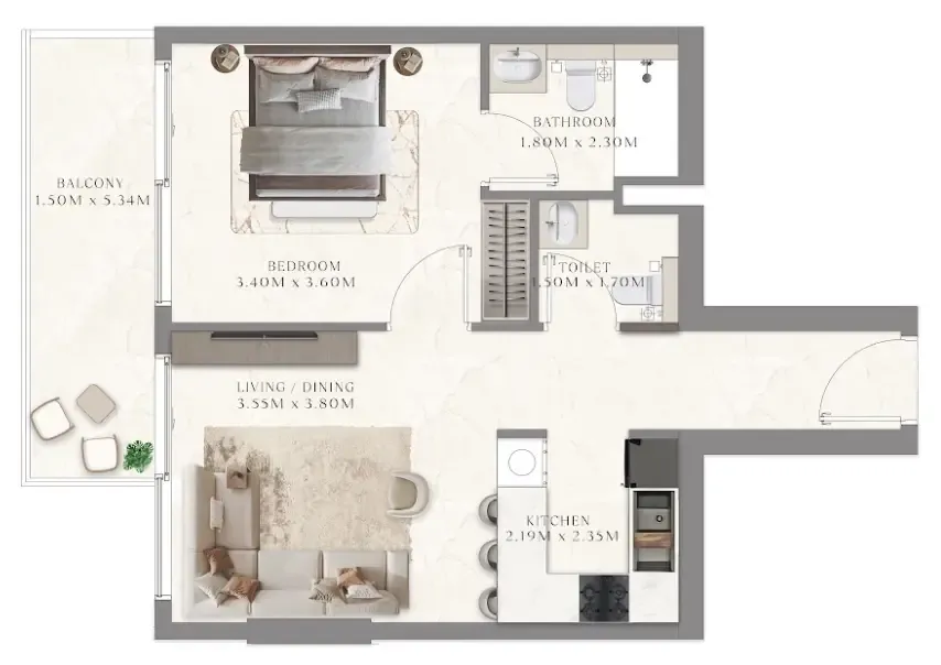 Aum 99 Residences 1 bed floor plan, 538 sqft