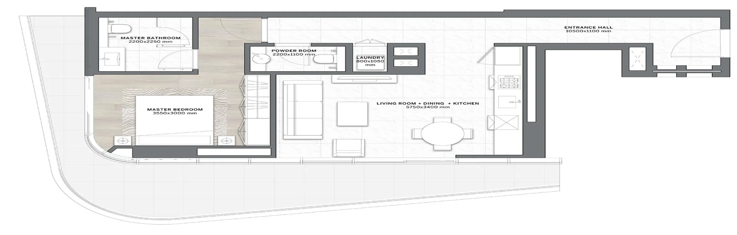 DG1 Living 1 bed floor plan, 1,051 sqft