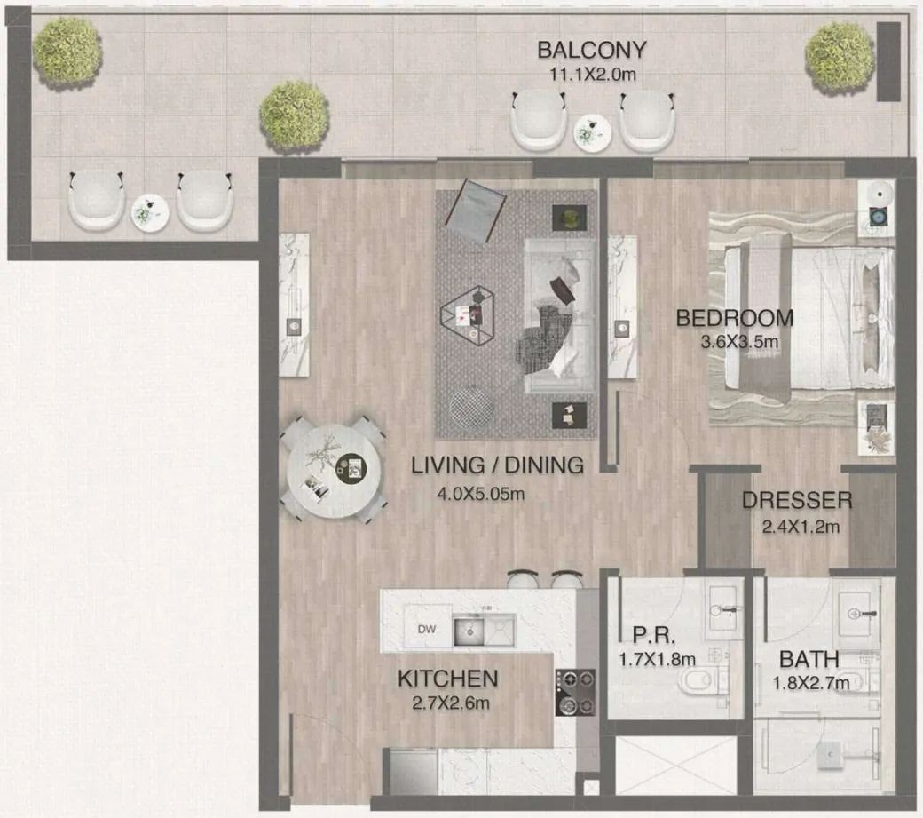 One by Nine 1 bed floor plan, 936 sqft