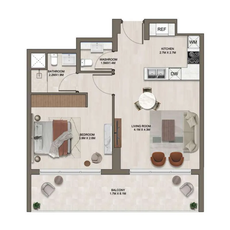 Ghaff Land Residence 1 bed floor plan, 760 sqft
