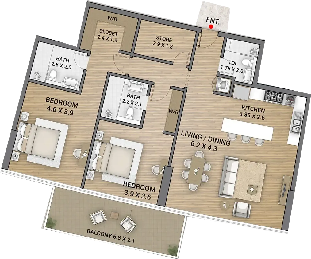Ocean Tower 2 bed floor plan, 1,448 sqft
