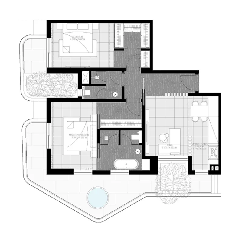 Marea Residences 2 bed floor plan, 1,272 – 1,305 sqft