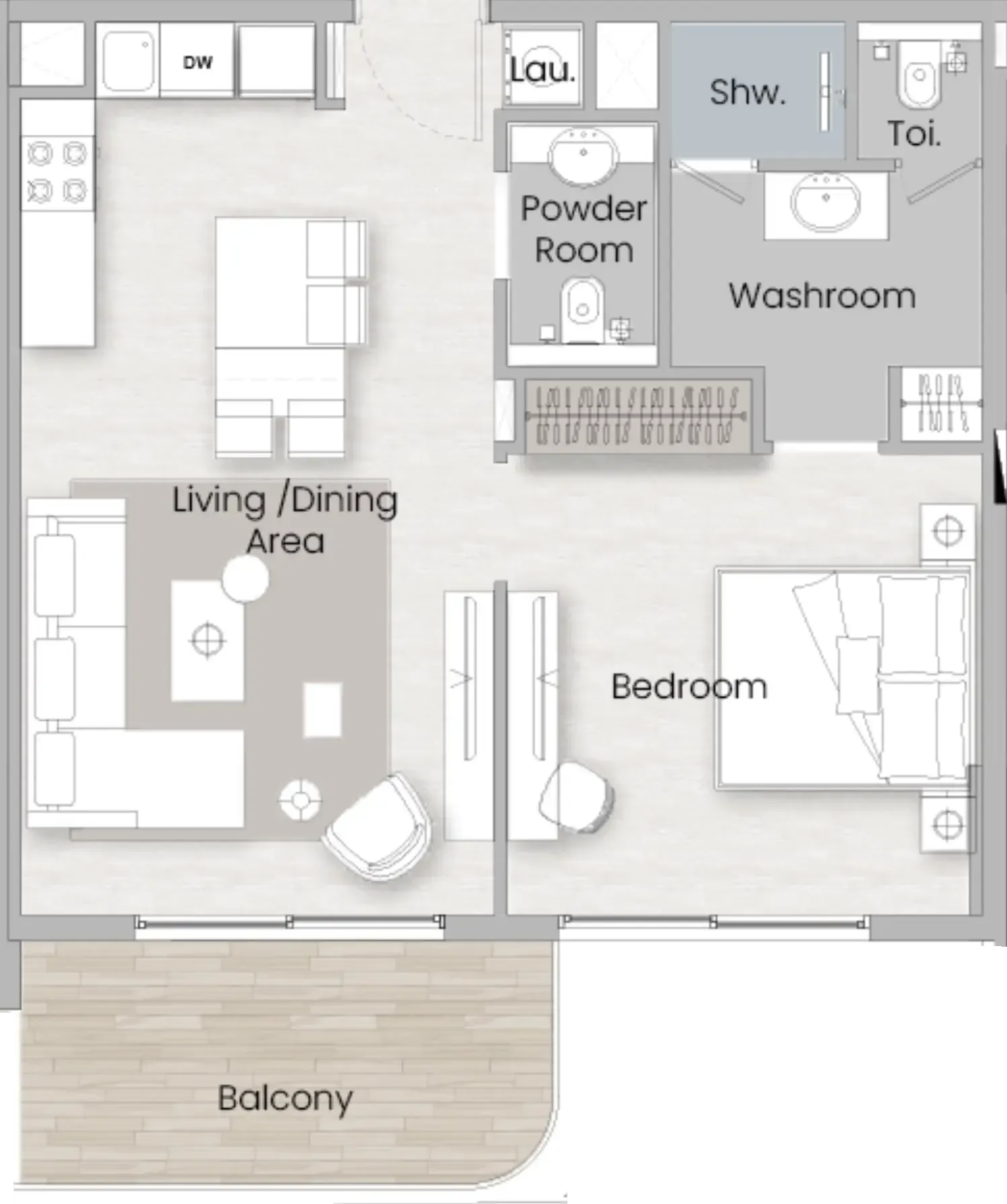 One Beverly 1 bed floor plan, 709 sqft