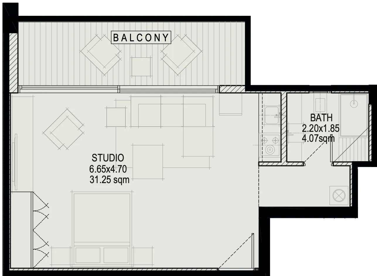 Glam Residence Studio floor plan, 598 sqft
