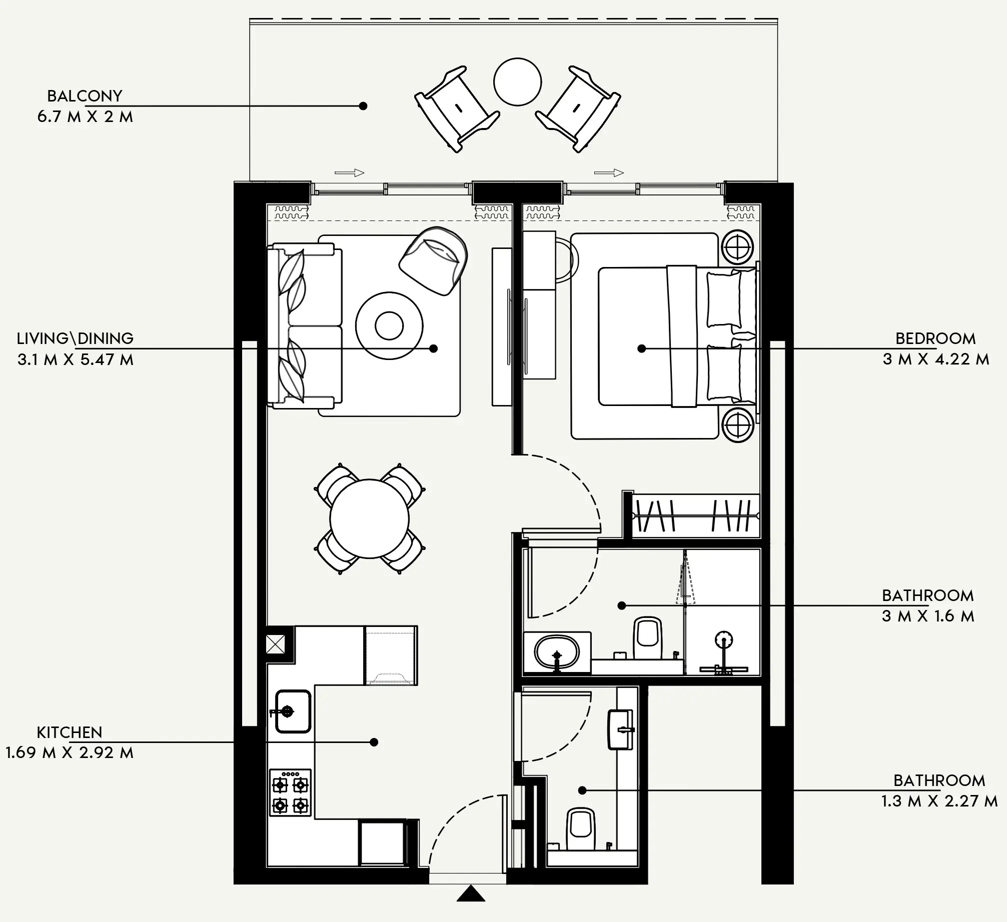 Azizi Venice 1 bed floor plan, 695 sqft