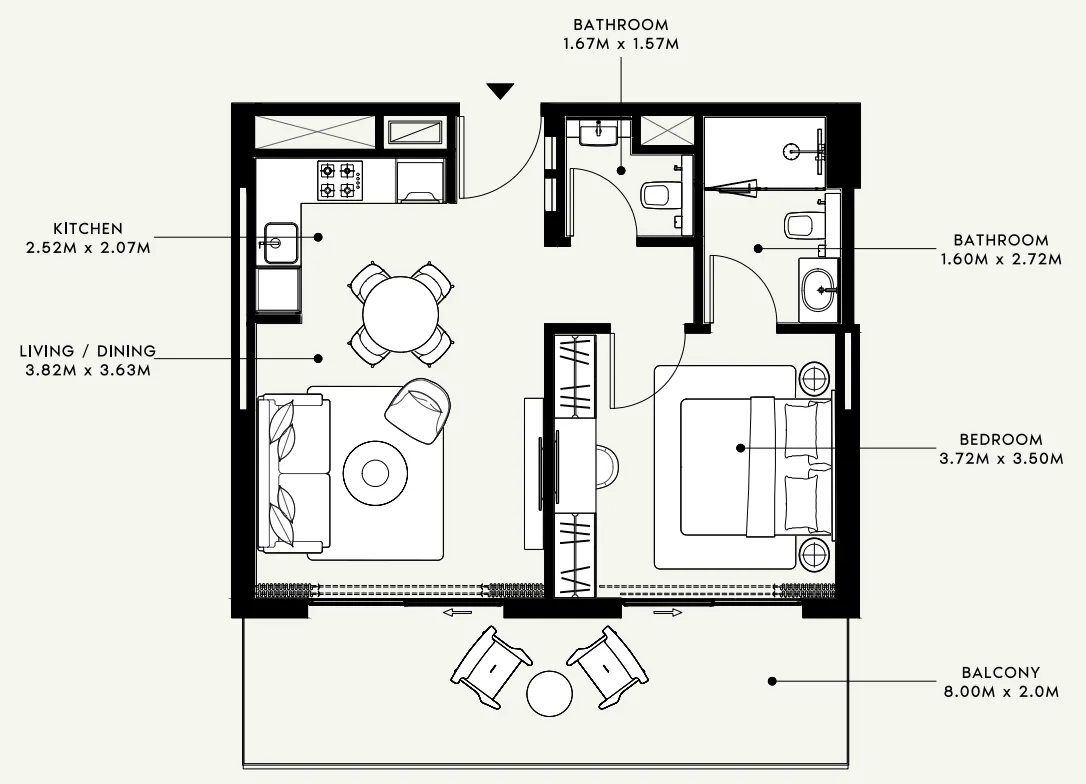 Azizi Venice 1 bed floor plan, 724 sqft