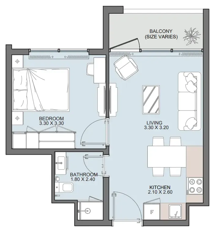 Alba Tower 1 bed floor plan, 445 – 447 sqft