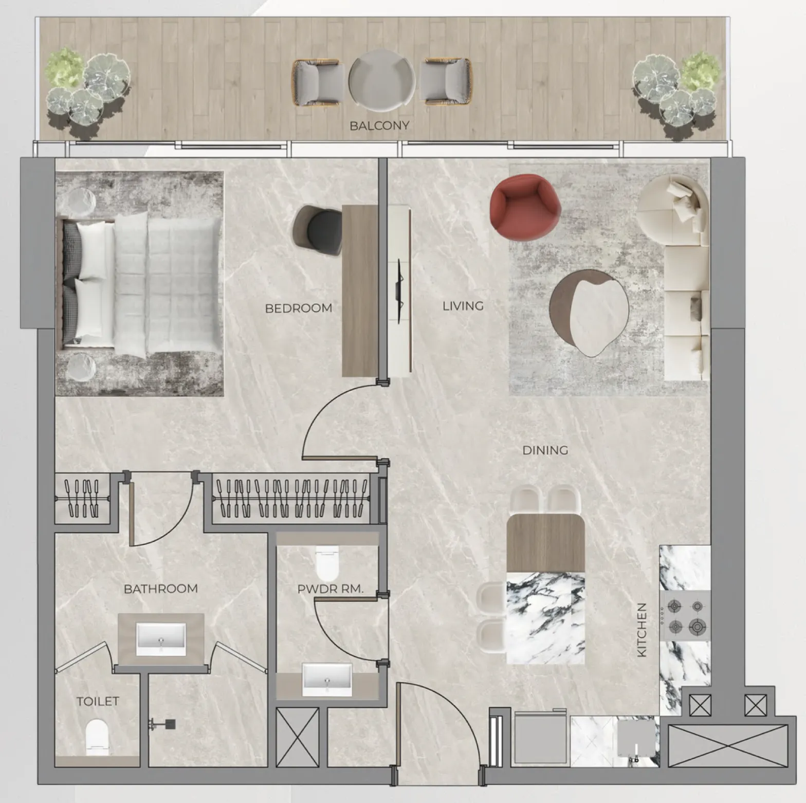 Beverly Grande 1 bed floor plan, 740 – 935 sqft