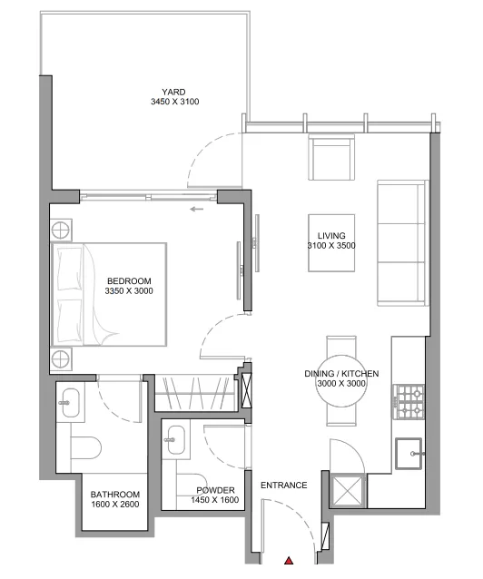 Sobha Aquamont 1 bed floor plan, 599 sqft