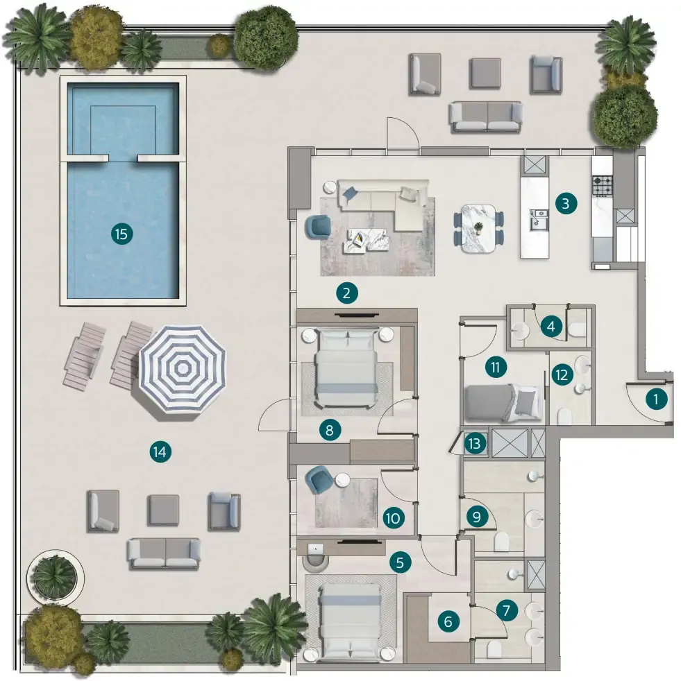 Flora Shore Beachside Residences 2 bed floor plan, 3,131 sqft