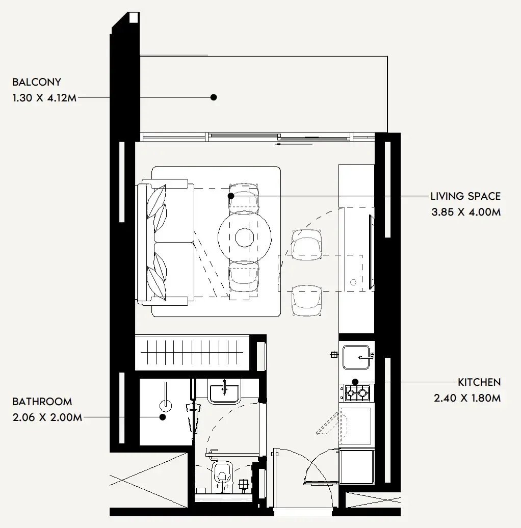 Jaddaf Beach Oasis Studio floor plan, 347 sqft