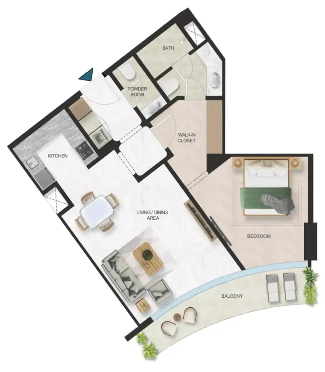 Oystra 1 bed floor plan, 872 sqft