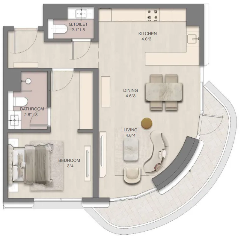 Mirasol Mina 1 bed floor plan, 886 sqft