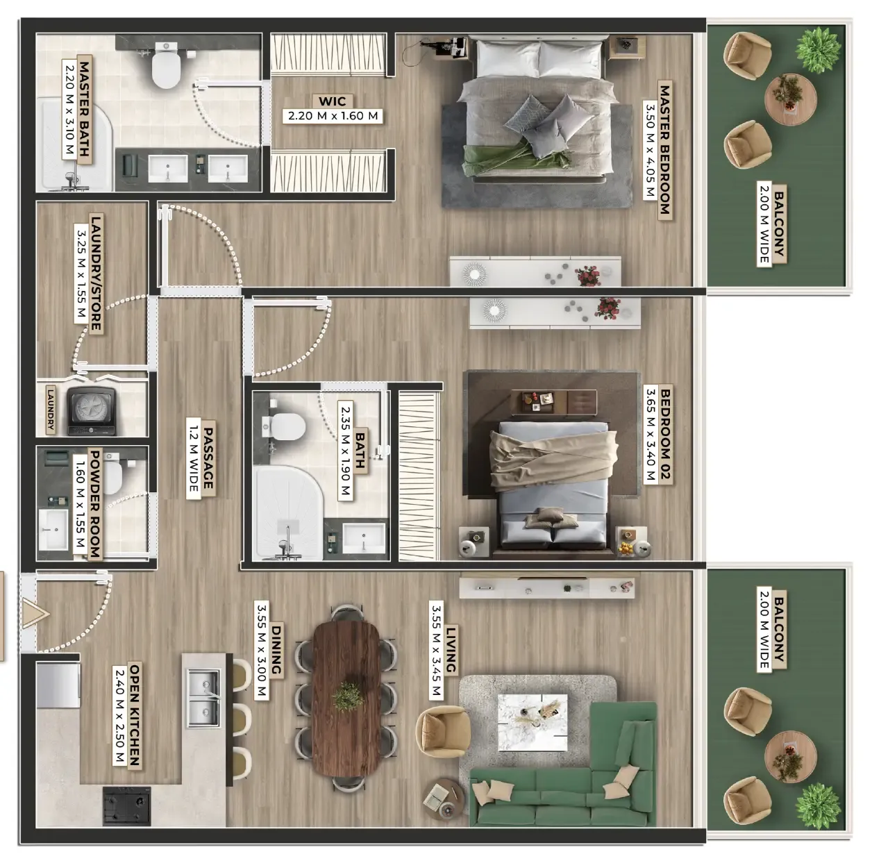 Firoza 2 bed floor plan, 1,305 sqft