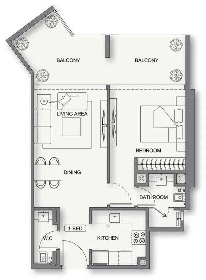 Binghatti Cullinan 1 bed floor plan, 752 sqft