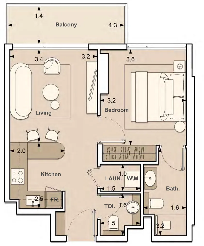 Lume Residences 1 bed floor plan, 563 sqft