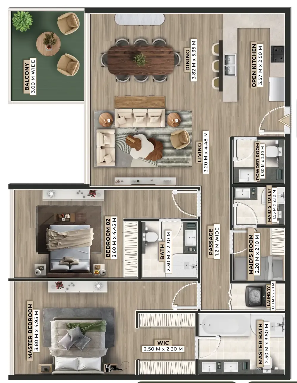 Firoza 2 bed floor plan, 1,692 sqft