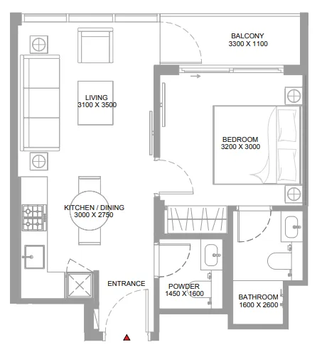Bayfront Marina Residences 1 bed floor plan, 514 sqft