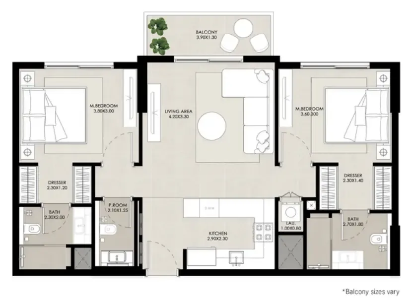 Rosewell 2 bed floor plan, 897 – 1,577 sqft