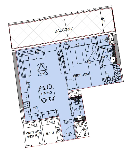 Binghatti Aquarise 1 bed floor plan, 876 sqft
