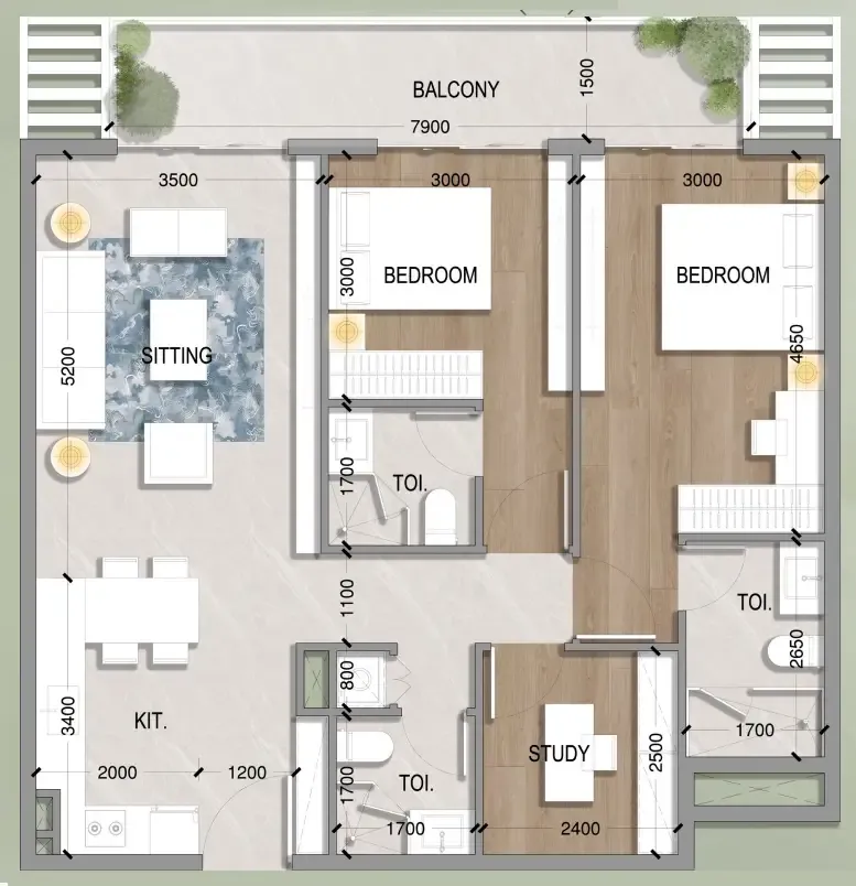 Oasis Residences 2 bed floor plan, 1,038 – 1,205 sqft