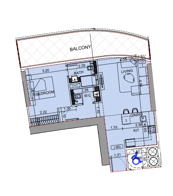 Binghatti Aquarise 1 bed floor plan, 881 sqft