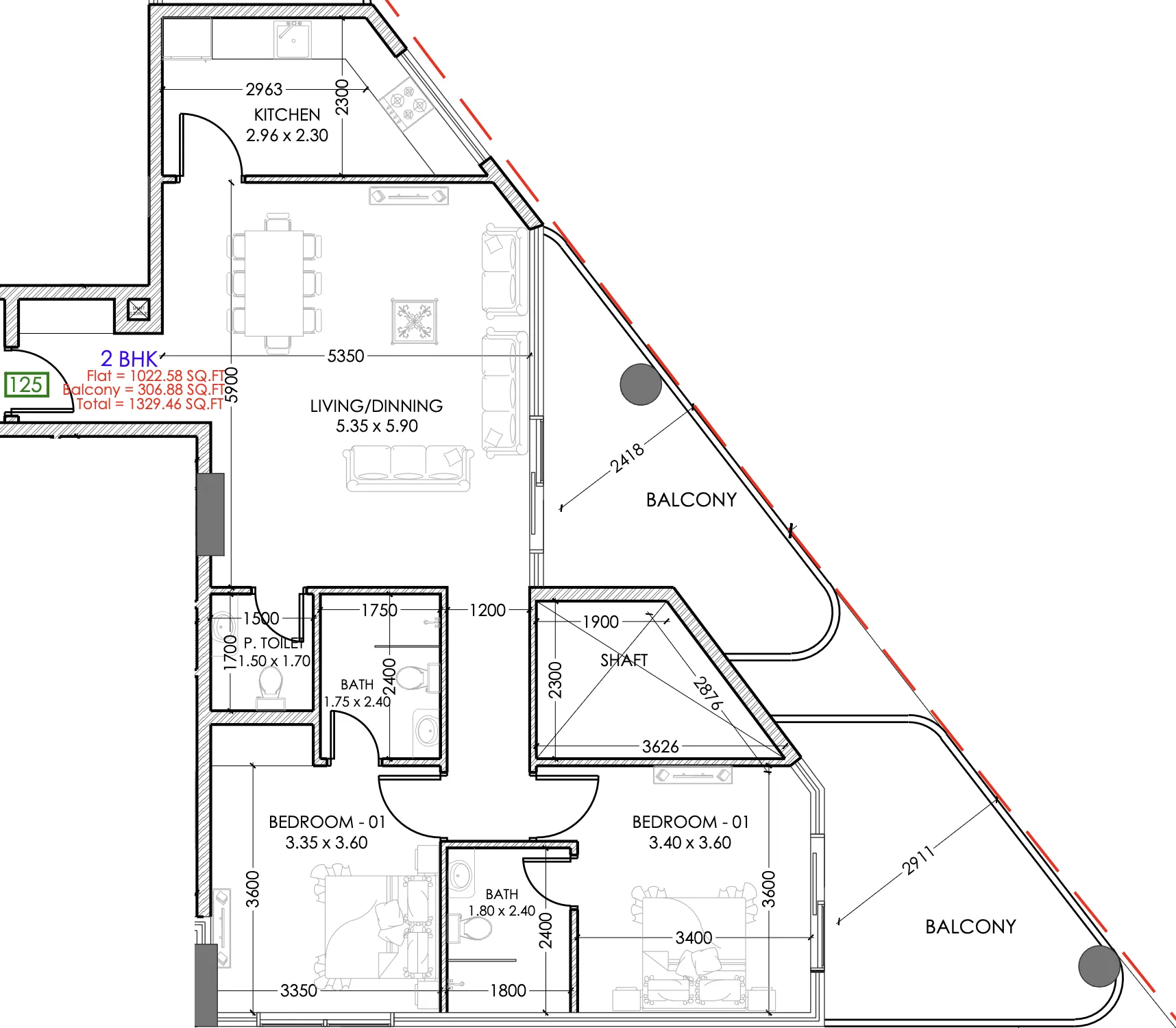 Terra Tower 2 bed floor plan, 1,290 sqft