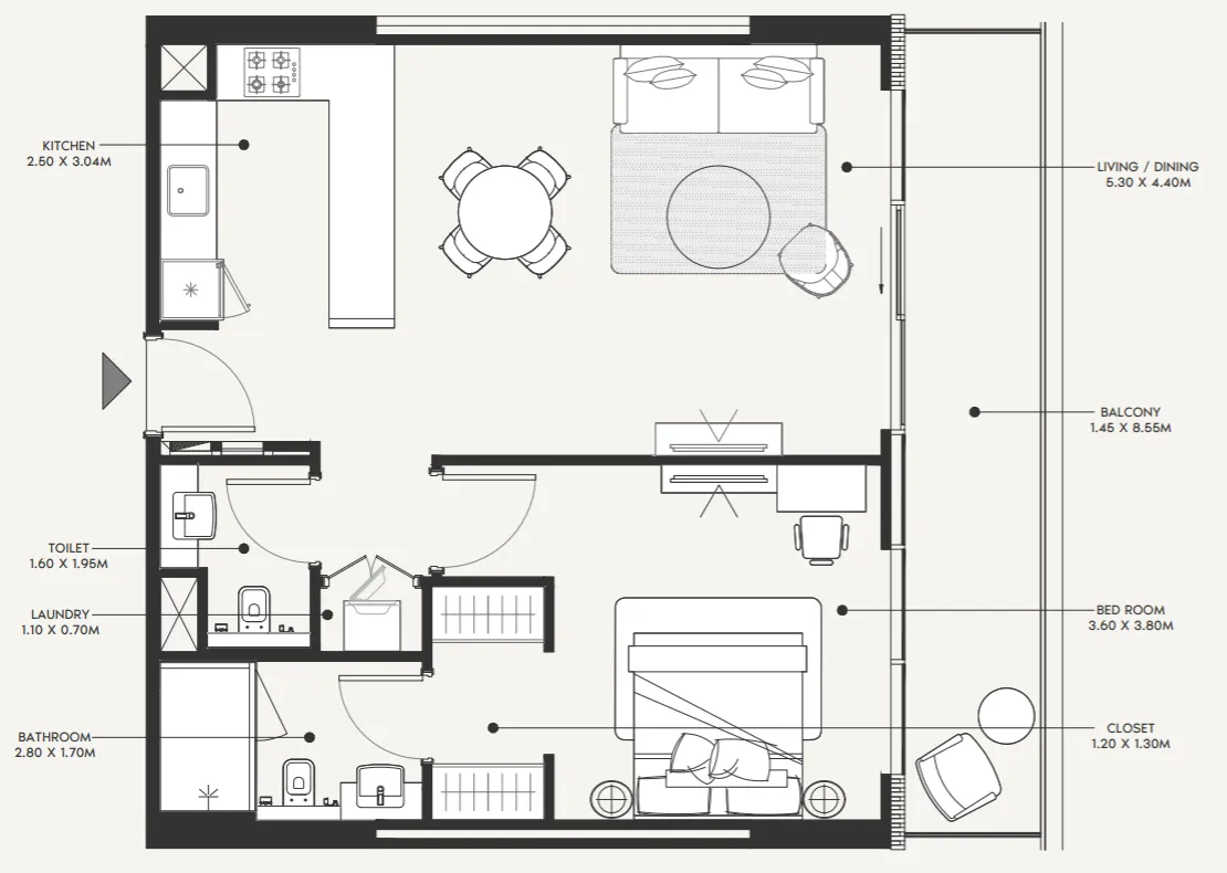 Azizi Amir 1 bed floor plan, 870 sqft