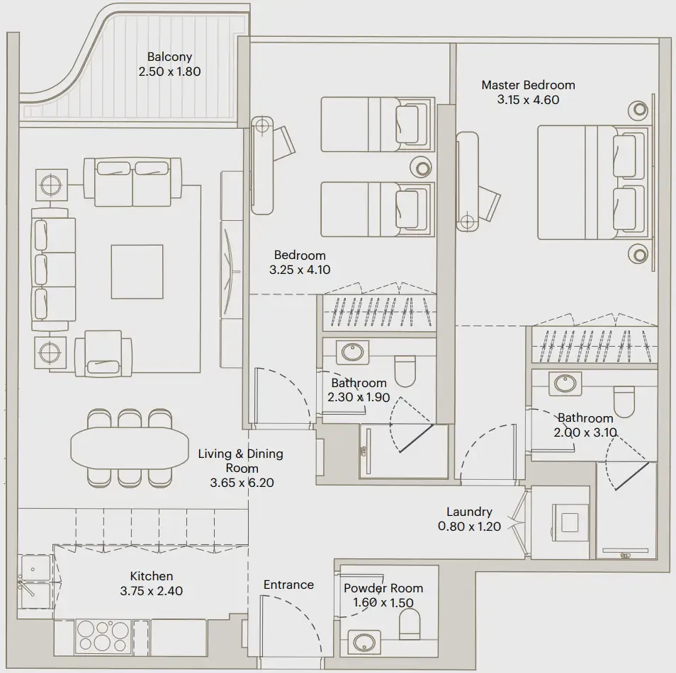 Eleve 2 bed floor plan, 1,072 sqft