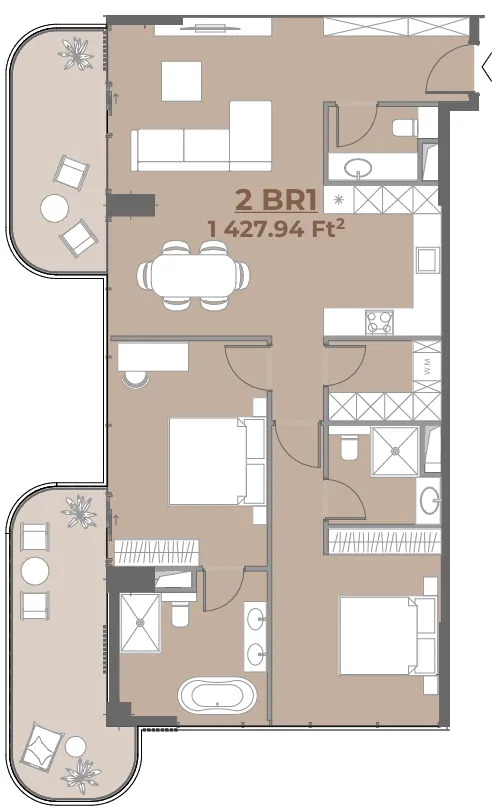 House of WELL 2 bed floor plan, 1,428 sqft