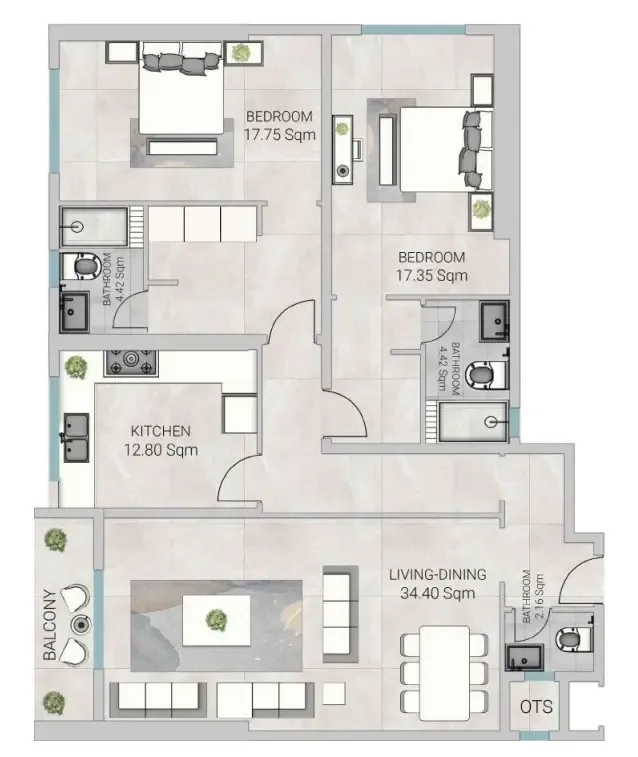 Al Ameera Village 5 2 bed floor plan, 1,948 sqft