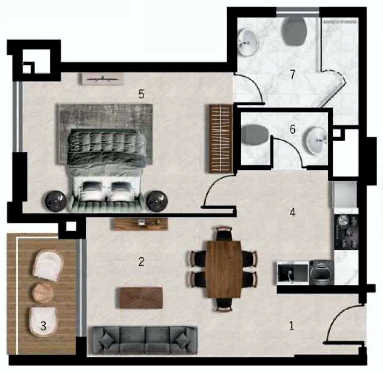 7 Seasons 1 bed floor plan, 1,334 – 1,395 sqft