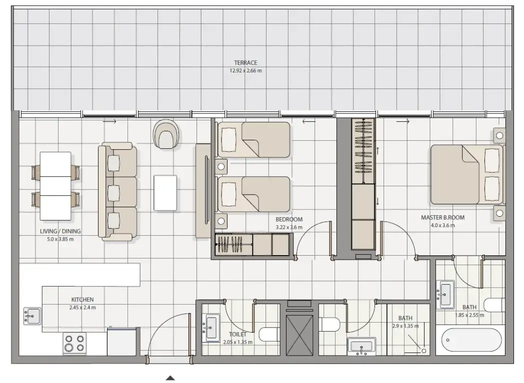 The Icon Tower 2 bed floor plan, 1,382 sqft
