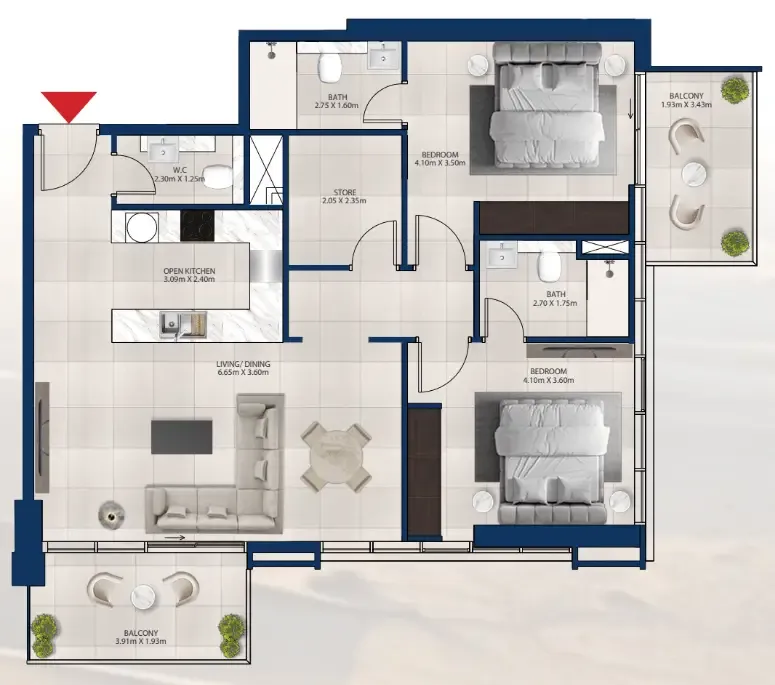 Al Vista 2 bed floor plan, 1,182 sqft